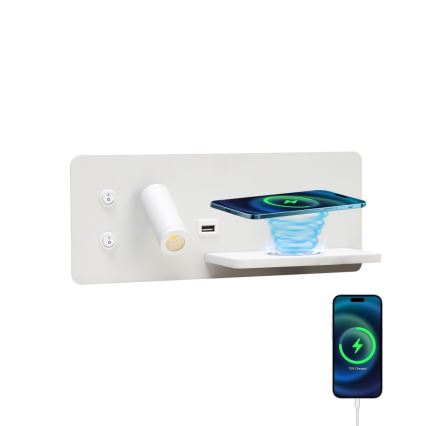 Immax 08285L - Luminária de parede LED com prateleira, porta USB e carregamento sem fio Be PREPARE LED/3W/230V + LED/3W branco