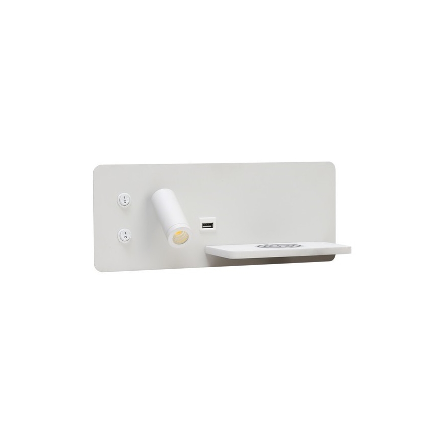 Immax 08285L - Luminária de parede LED com prateleira, porta USB e carregamento sem fio Be PREPARE LED/3W/230V + LED/3W branco