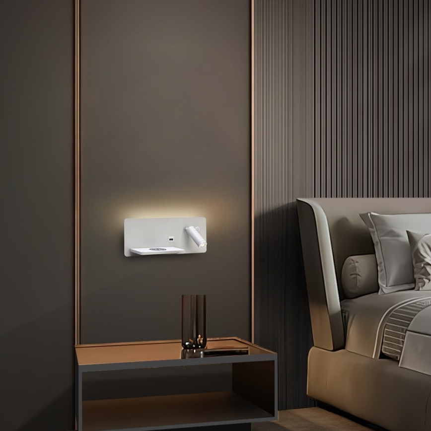 Immax 08286L - Luminária de parede LED com prateleira, porta USB e carregamento sem fio Be PREPARE LED/3W/230V + LED/3W branco