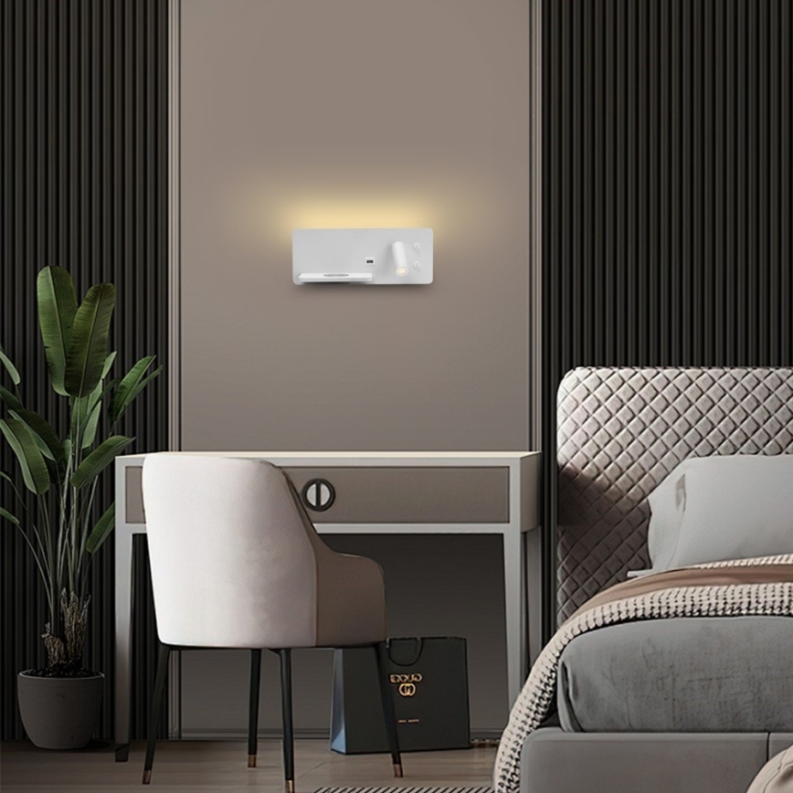 Immax 08286L - Luminária de parede LED com prateleira, porta USB e carregamento sem fio Be PREPARE LED/3W/230V + LED/3W branco