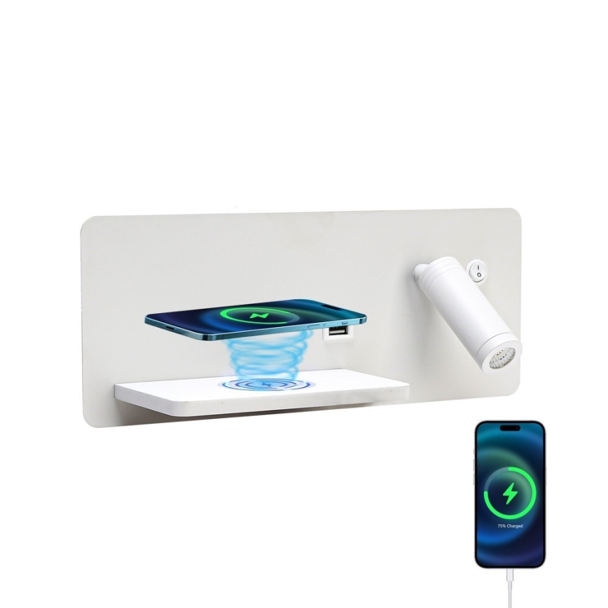 Immax 08286L - Luminária de parede LED com prateleira, porta USB e carregamento sem fio Be PREPARE LED/3W/230V + LED/3W branco