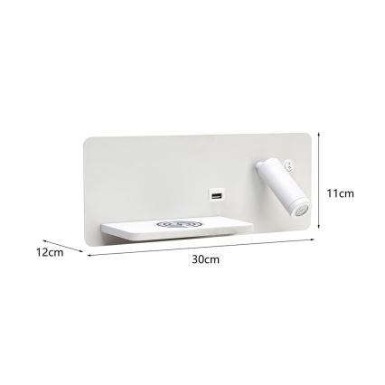 Immax 08286L - Luminária de parede LED com prateleira, porta USB e carregamento sem fio Be PREPARE LED/3W/230V + LED/3W branco