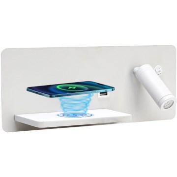 Immax 08286L - Luminária de parede LED com prateleira, porta USB e carregamento sem fio Be PREPARE LED/3W/230V + LED/3W branco
