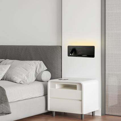 Immax 08287L - Foco de luz LED para parede com prateleira, porta USB e carregamento sem fios Be PREPARE LED/3W/230V + LED/3W preto