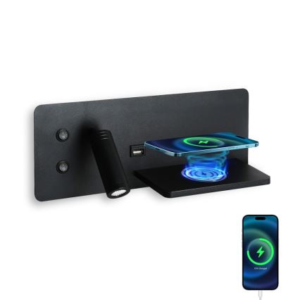 Immax 08287L - Foco de luz LED para parede com prateleira, porta USB e carregamento sem fios Be PREPARE LED/3W/230V + LED/3W preto