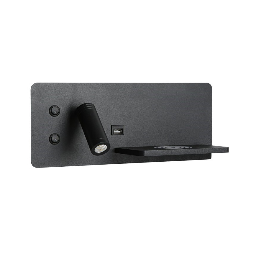 Immax 08287L - Foco de luz LED para parede com prateleira, porta USB e carregamento sem fios Be PREPARE LED/3W/230V + LED/3W preto