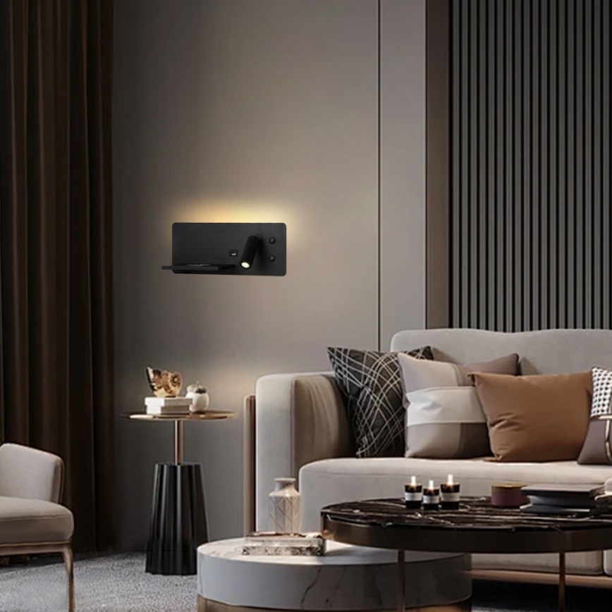 Immax 08288L - Luminária de parede LED com prateleira, porta USB e carregamento sem fio Be PREPARE LED/3W/230V + LED/3W preto