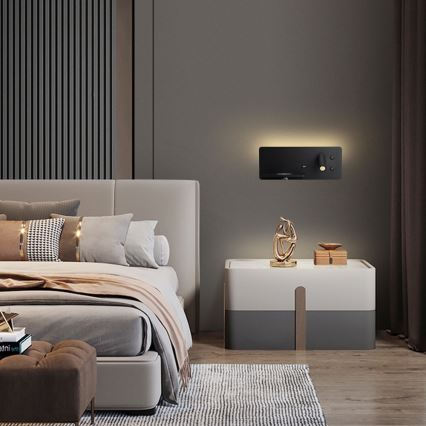 Immax 08288L - Luminária de parede LED com prateleira, porta USB e carregamento sem fio Be PREPARE LED/3W/230V + LED/3W preto