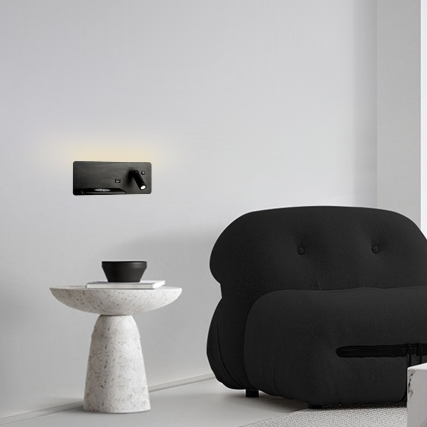 Immax 08288L - Luminária de parede LED com prateleira, porta USB e carregamento sem fio Be PREPARE LED/3W/230V + LED/3W preto