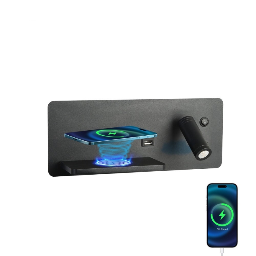 Immax 08288L - Luminária de parede LED com prateleira, porta USB e carregamento sem fio Be PREPARE LED/3W/230V + LED/3W preto