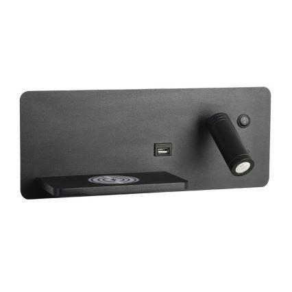 Immax 08288L - Luminária de parede LED com prateleira, porta USB e carregamento sem fio Be PREPARE LED/3W/230V + LED/3W preto