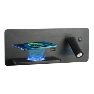 Immax 08288L - Luminária de parede LED com prateleira, porta USB e carregamento sem fio Be PREPARE LED/3W/230V + LED/3W preto