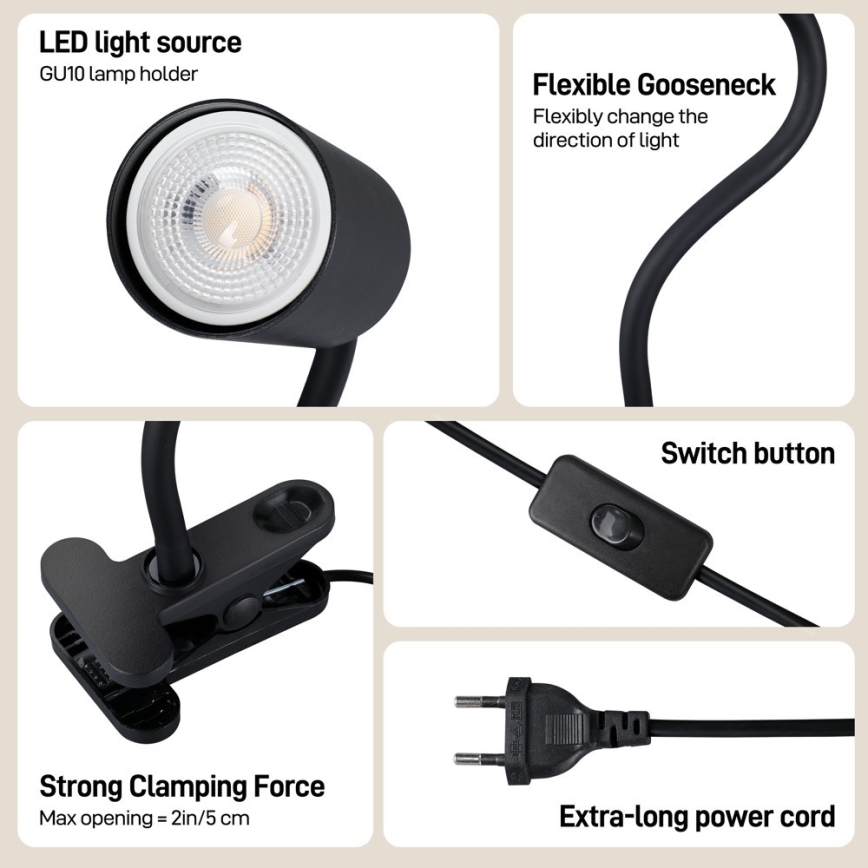 Candeeiro flexível com clipe PUNTO 1xGU10/9W/230V preto