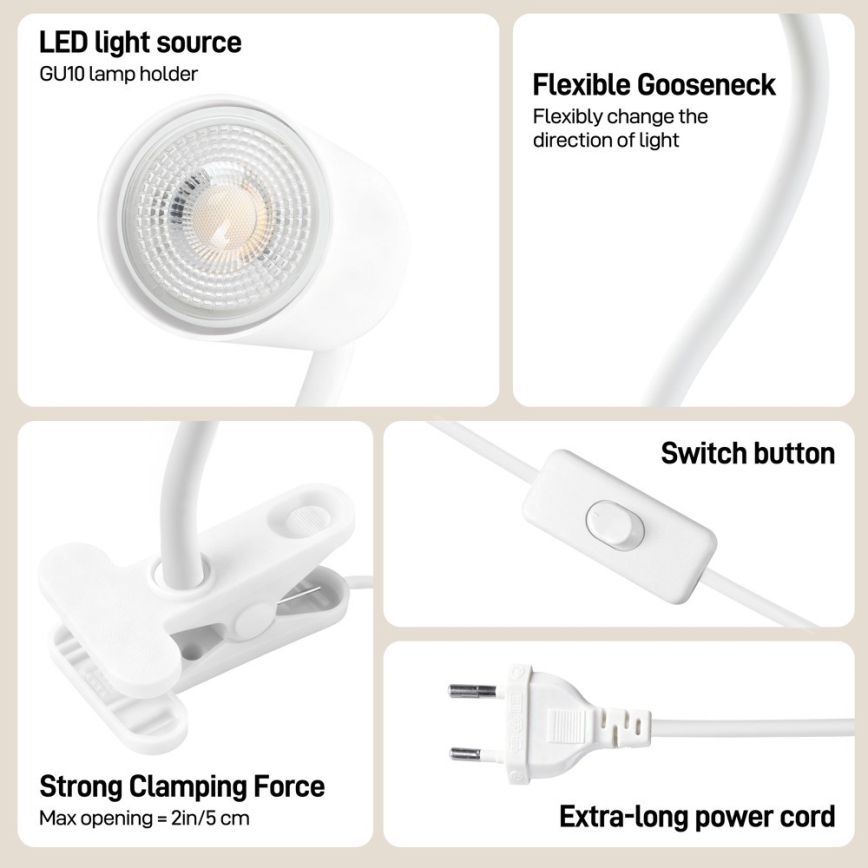 Luminária flexível com clipe PUNTO 1xGU10/9W/230V branca