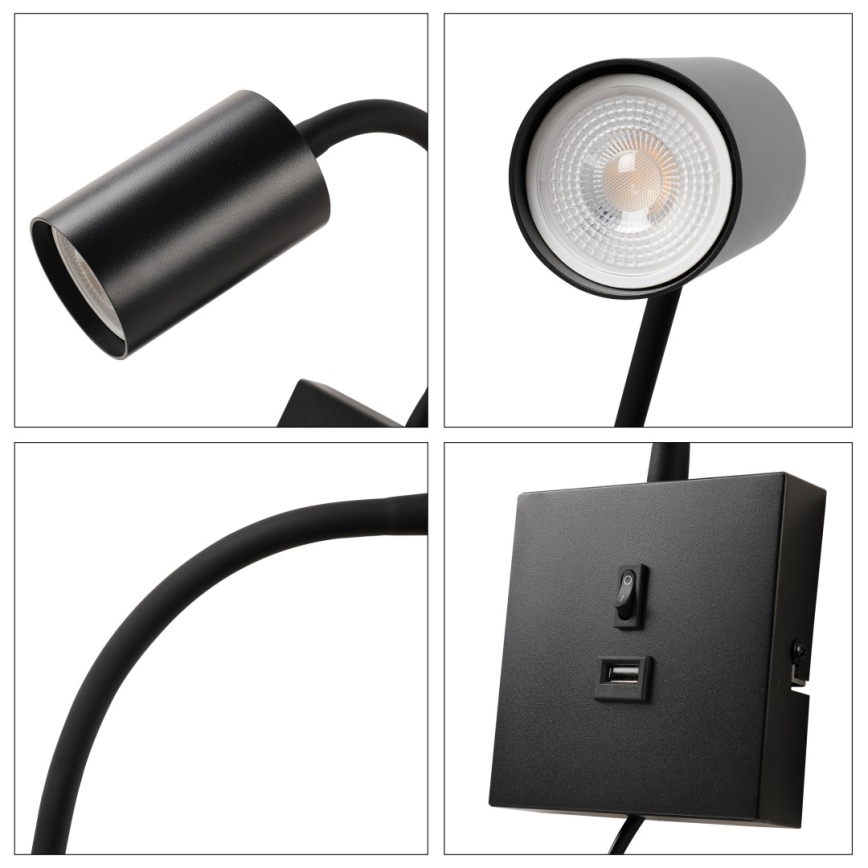 Aplique de parede com USB PUNTO 1xGU10/9W/230V preto