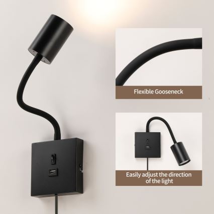 Aplique de parede com USB PUNTO 1xGU10/9W/230V preto