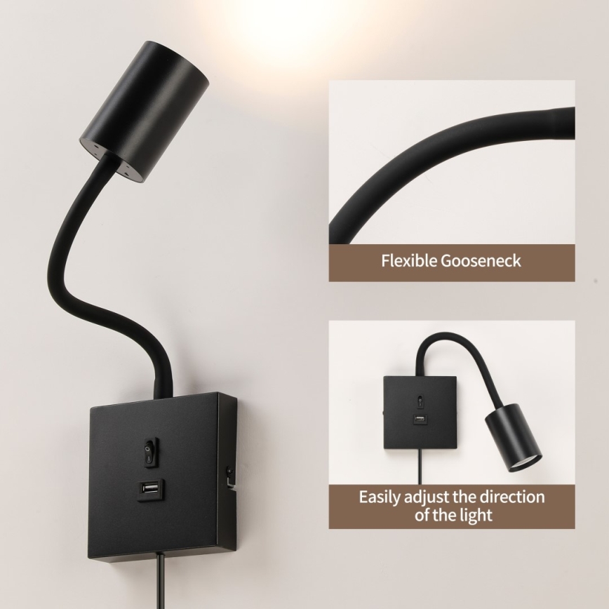 Aplique de parede com USB PUNTO 1xGU10/9W/230V preto