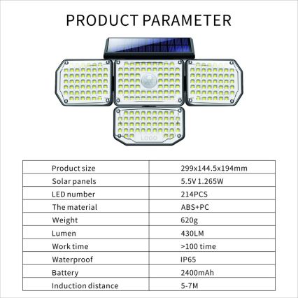 Iluminação solar de parede LED com sensor LED/5W/5,5V IP65 2400 mAh