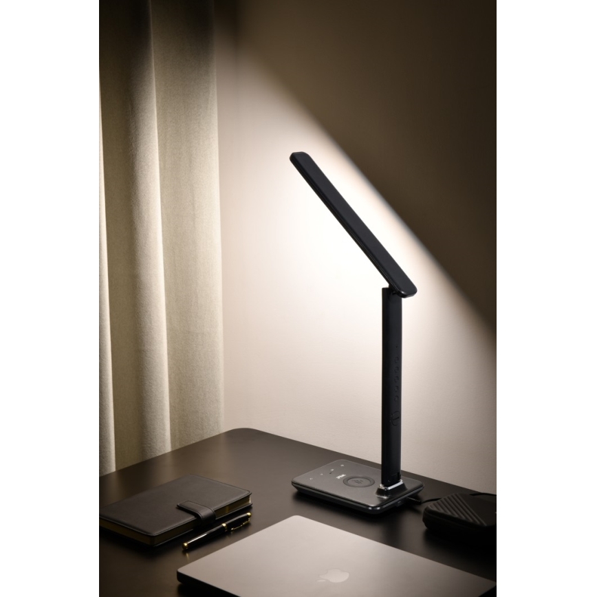 Lâmpada de mesa LED regulável com carregamento sem fio QI e USB KINGFISHER LED/8,5W/230V preta