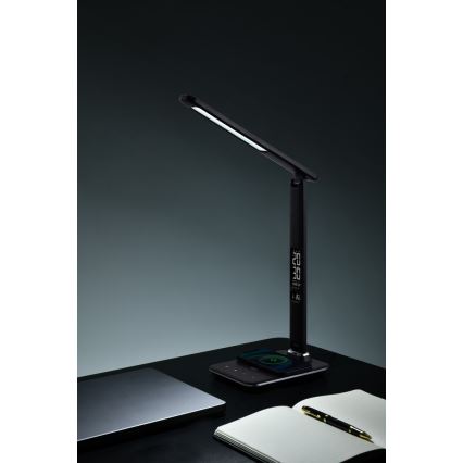 Lâmpada de mesa LED regulável com carregamento sem fio QI e USB KINGFISHER LED/8,5W/230V preta