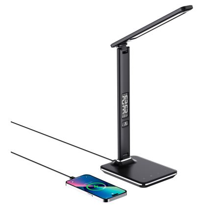 Lâmpada de mesa LED regulável com carregamento sem fio QI e USB KINGFISHER LED/8,5W/230V preta