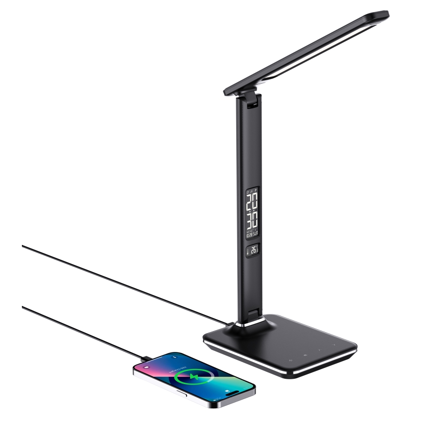 Lâmpada de mesa LED regulável com carregamento sem fio QI e USB KINGFISHER LED/8,5W/230V preta