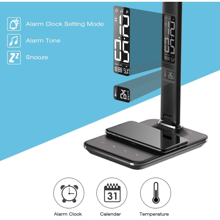 Lâmpada de mesa LED regulável com carregamento sem fio QI e USB KINGFISHER LED/8,5W/230V preta