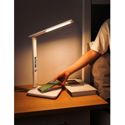 Lâmpada de mesa LED regulável com carregamento sem fio QI e USB KINGFISHER LED/8,5W/230V branca