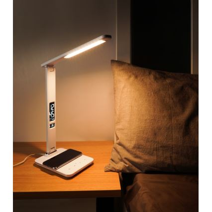 Lâmpada de mesa LED regulável com carregamento sem fio QI e USB KINGFISHER LED/8,5W/230V branca