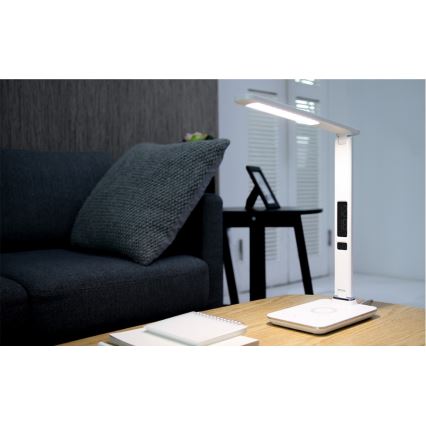 Lâmpada de mesa LED regulável com carregamento sem fio QI e USB KINGFISHER LED/8,5W/230V branca