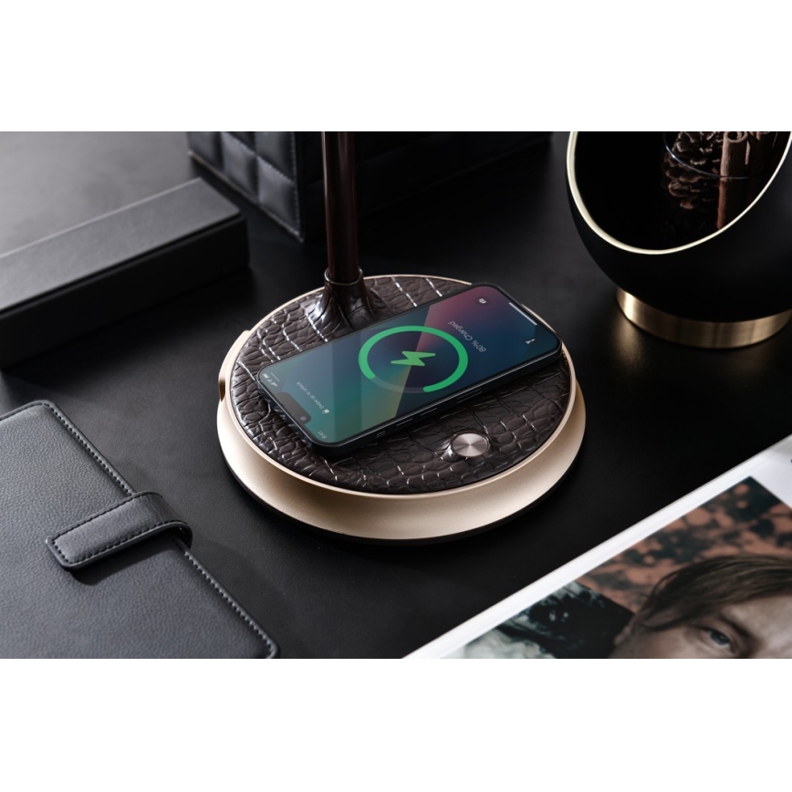 Lâmpada de mesa LED regulável com carregamento sem fio FINCH LED/9W/12/230V castanho/dourado