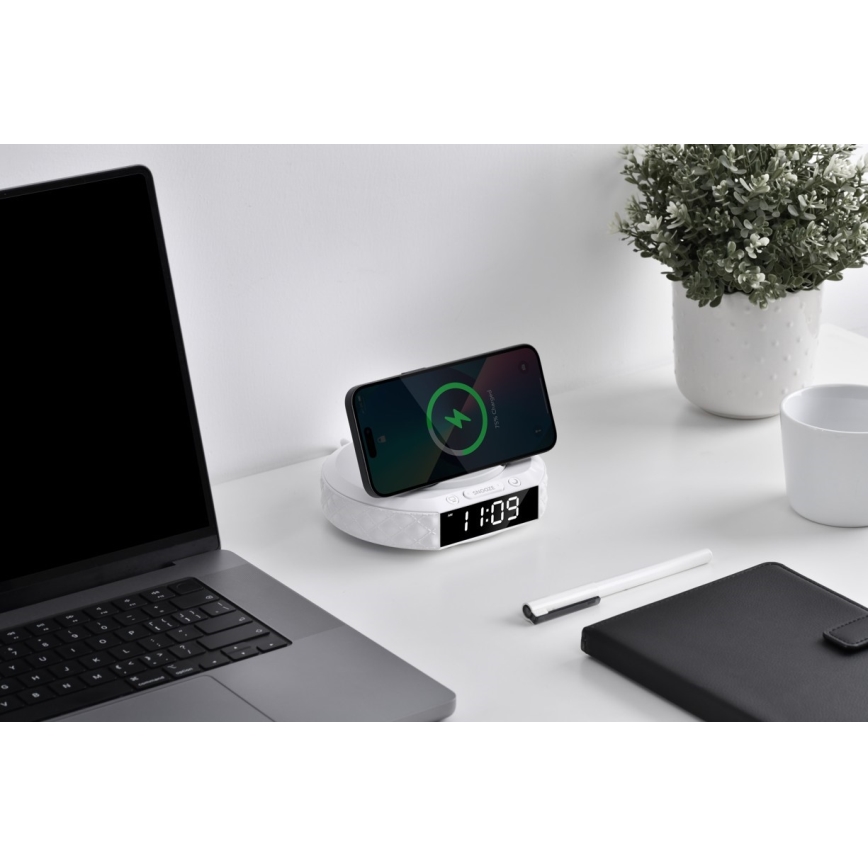 Despertador com ecrã LCD e carregador sem fios Qi 27W/9V 220 mAh branco