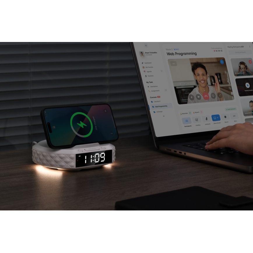 Despertador com ecrã LCD e carregador sem fios Qi 27W/9V 220 mAh branco