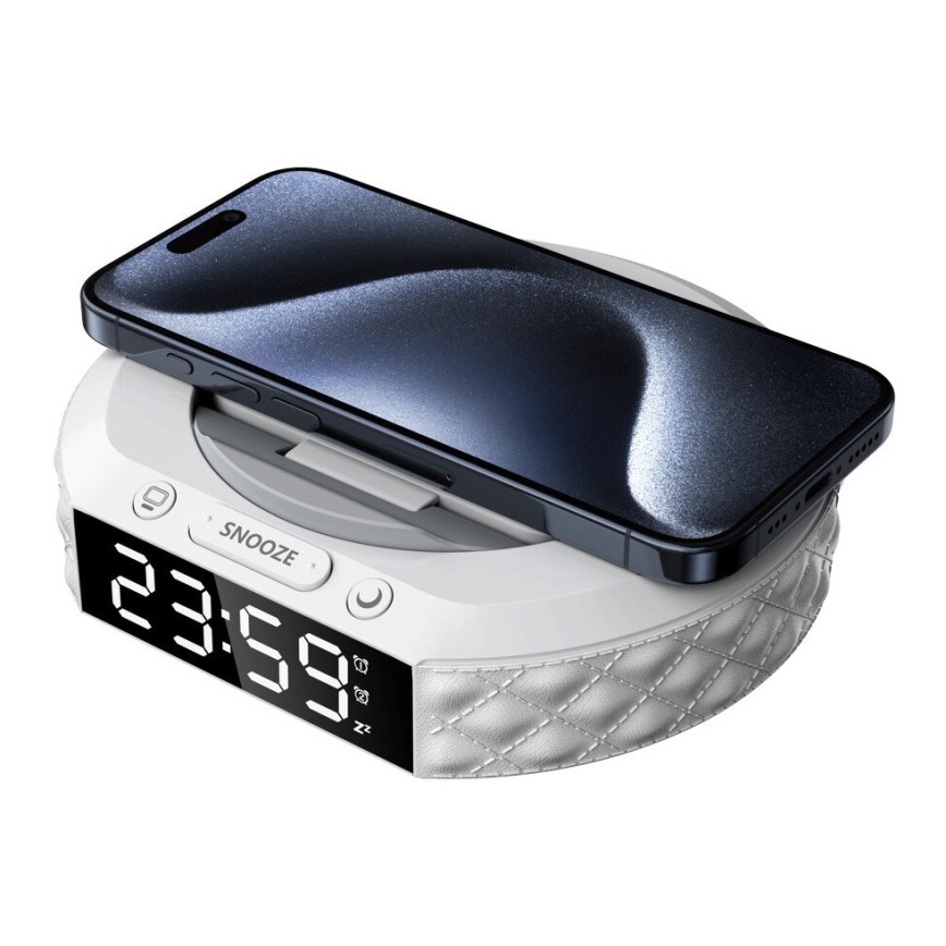 Despertador com ecrã LCD e carregador sem fios Qi 27W/9V 220 mAh branco
