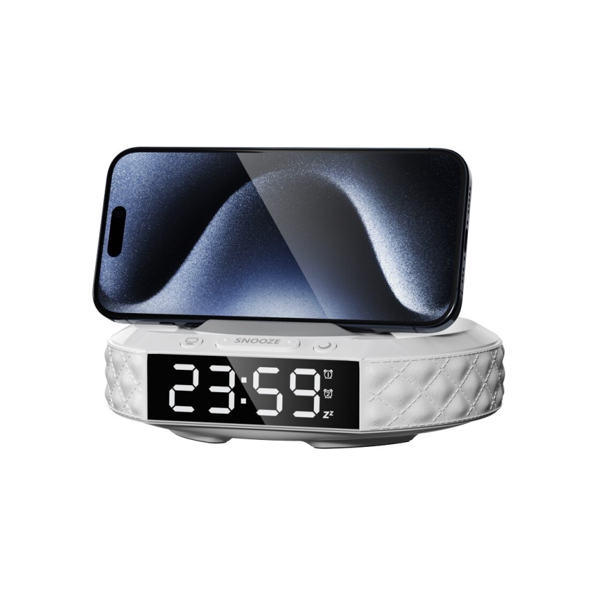 Despertador com ecrã LCD e carregador sem fios Qi 27W/9V 220 mAh branco