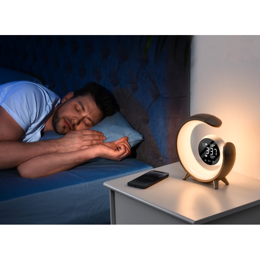 Lâmpada de mesa LED RGBW regulável com despertador LED/20W/5V USB prateada