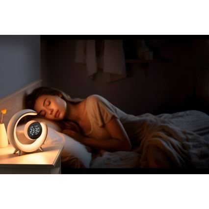 Lâmpada de mesa LED RGBW regulável com despertador LED/20W/5V USB prateada