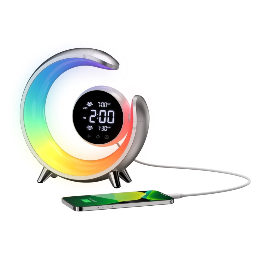 Lâmpada de mesa LED RGBW regulável com despertador LED/20W/5V USB prateada