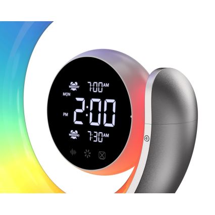 Lâmpada de mesa LED RGBW regulável com despertador LED/20W/5V USB prateada