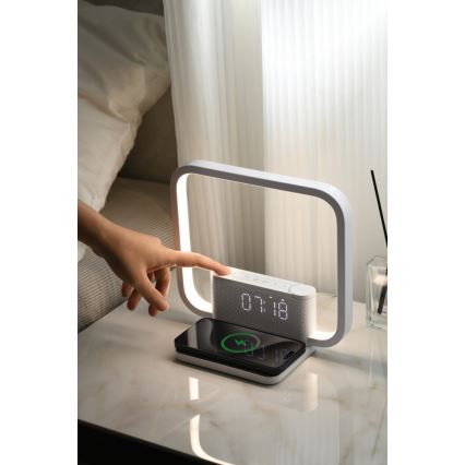 Candeeiro de mesa LED com regulação, despertador e carregamento sem fios LED/18W/230V branco