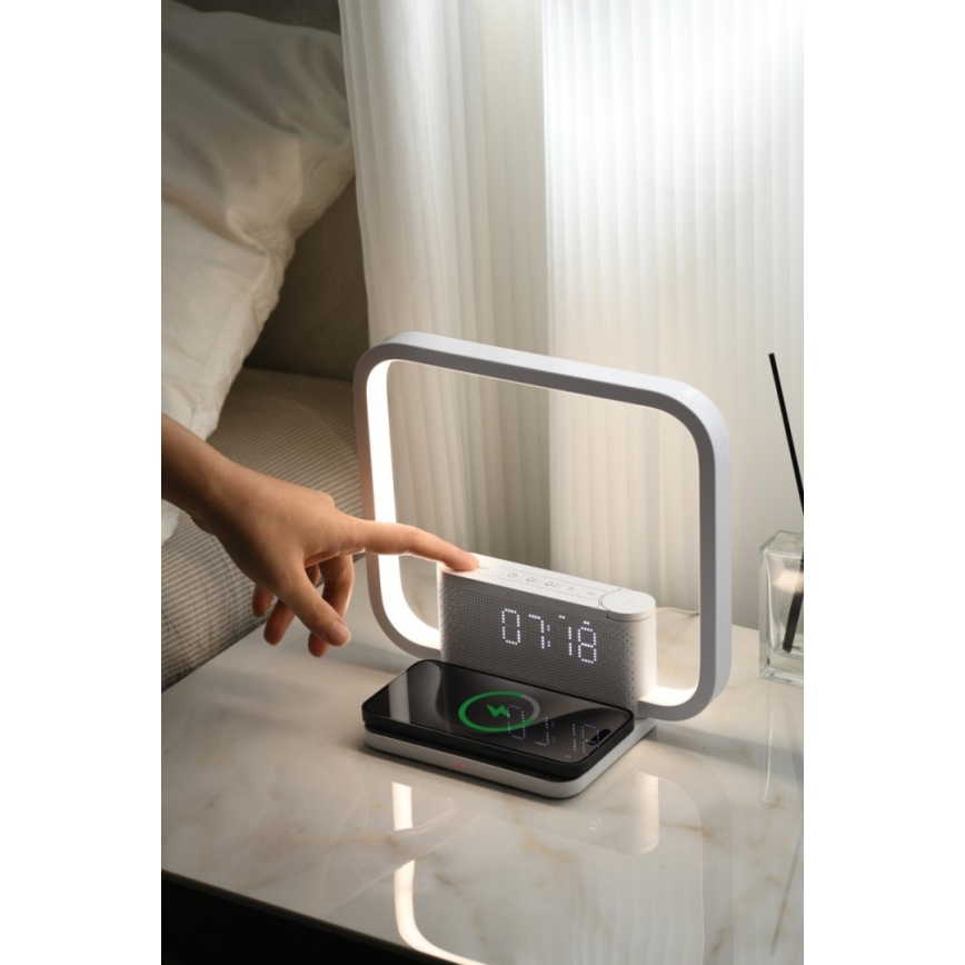 Candeeiro de mesa LED com regulação, despertador e carregamento sem fios LED/18W/230V branco