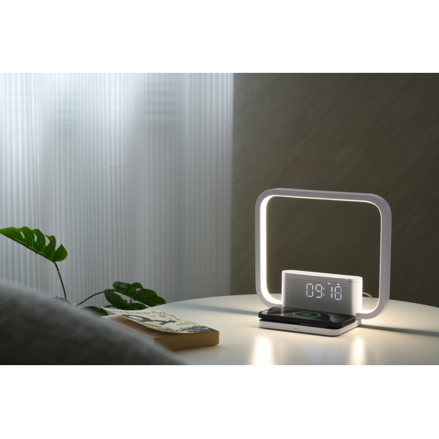 Candeeiro de mesa LED com regulação, despertador e carregamento sem fios LED/18W/230V branco