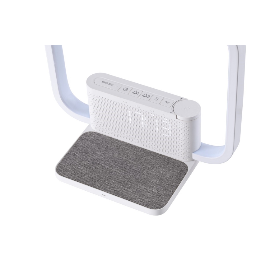 Candeeiro de mesa LED com regulação, despertador e carregamento sem fios LED/18W/230V branco