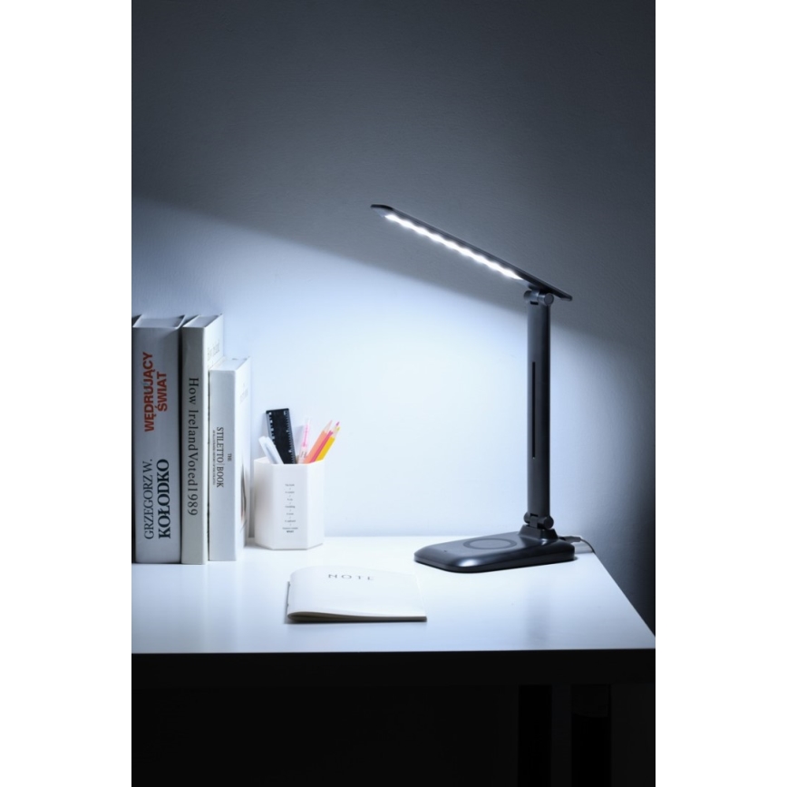Candeeiro de mesa LED regulável com carregamento sem fios QI e USB LUMI LED/7W/230V preto