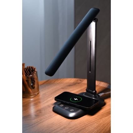 Candeeiro de mesa LED regulável com carregamento sem fios QI e USB LUMI LED/7W/230V preto