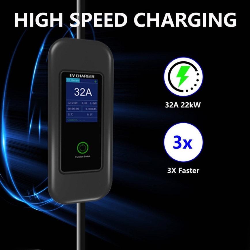 Immax - Estação de carregamento portátil para veículos elétricos EV AC Tipo 2 32A/380V 22kW + tomada 230V 5m Wi-Fi Tuya