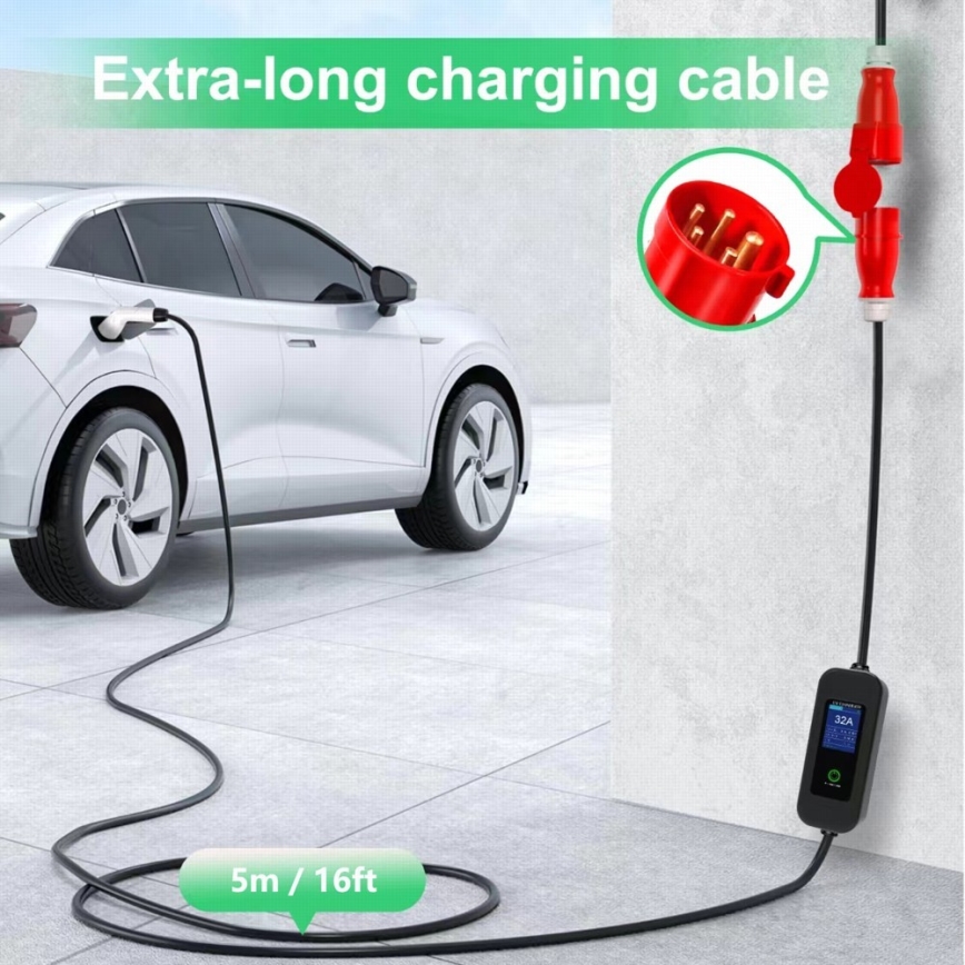 Immax - Estação de carregamento portátil para veículos elétricos EV AC Tipo 2 32A/380V 22kW + tomada 230V 5m Wi-Fi Tuya