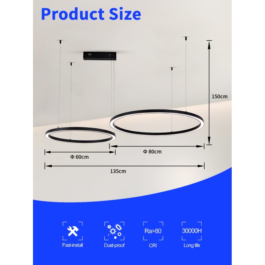 Immax NEO 07216L - Candelabro suspenso LED com regulação FINO LED/93W/230V 60/80cm preto Tuya + comando