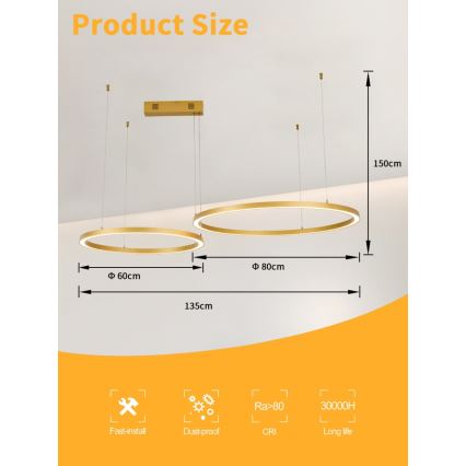 Immax NEO 07218L - Candelabro suspenso LED com regulação FINO LED/93W/230V 60/80cm dourada Tuya + comando