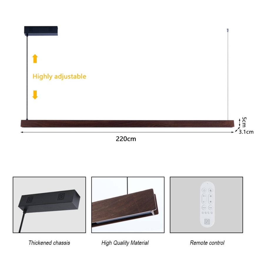 Immax NEO 07302L - Lustre pendente LED regulável MADEIRA LED/44W/230V Wi-Fi Tuya, 202 cm, acabamento nogueira + controlo remoto